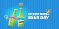 Happy international beer day horizonatal banner with cartoon funny beer bottles friends characters with sunglasses