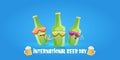 Happy international beer day horizonatal banner with cartoon funny beer bottles friends characters with sunglasses Royalty Free Stock Photo