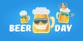 Happy international beer day horizonatal banner with cartoon funny beer glass friends characters with sunglasses Royalty Free Stock Photo