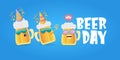 Happy international beer day horizonatal banner with cartoon funny beer glass friends characters with sunglasses Royalty Free Stock Photo