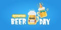 Happy international beer day horizonatal banner with cartoon funny beer glass friends characters with sunglasses Royalty Free Stock Photo