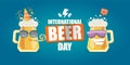 Happy international beer day horizonatal banner with cartoon funny beer glass friends characters with sunglasses