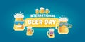 Happy international beer day horizonatal banner with cartoon funny beer glass friends characters with sunglasses