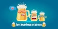 Happy international beer day horizonatal banner with cartoon funny beer glass friends characters with sunglasses Royalty Free Stock Photo