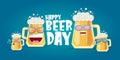 Happy international beer day horizonatal banner with cartoon funny beer glass friends characters with sunglasses