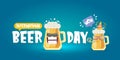 Happy international beer day horizonatal banner with cartoon funny beer glass friends characters with sunglasses