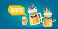 Happy international beer day horizonatal banner with cartoon funny beer glass friends characters with sunglasses