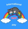 Happy international cat day. The gray cat lies on the rainbow. Vector illustration.