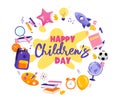 Happy International Children Day Greeting Card Concept. Multi Colored Inscription With Lots Of School Supplies In Royalty Free Stock Photo