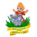 Happy International Children`s Day greeting card with laughing little boy sitting on elephant in glasses and yellow ribbon. Vecto