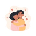 Happy international couple. Man and woman of different races hugging each other. Cute vector illustration in flat