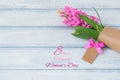Happy International Women Day, hyacinth over wooden background