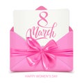 Happy International Women`s Day greeting in pink decorative envelope with bow, 8 March, postcard, vector illustration