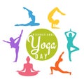 Happy International Yoga Day 21 June poster logo background different asana silhouette set vector design