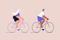 Happy Interracial couple in medical masks ride bicycles. Eco-friendly urban transport. Post-quarantine lifestyle. Vector