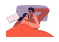 Happy interracial couple sleeps in bed together. Woman naps on romantic partner. Lovers rest at night. Sleepy people