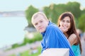 Happy interracial couple standing together outdoors Royalty Free Stock Photo