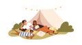 Happy interracial family at camping on summer holidays. Parents and kid near tent, relaxing outdoors in nature. Mother