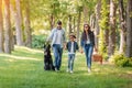 Happy interracial family with picnic basket walking with dog in forest Royalty Free Stock Photo