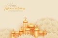 Happy Islamic holidays background with golden mosque