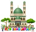 Happy islamic kids cartoon holding letters and wishing Eid Mubarak in front of a mosque