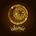 Happy islamic new year banner with abstract gold line moon and star in circle vector design