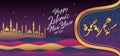 Happy Islamic new year 1441 Hijri greeting design for muslim community with mosque night landscape design. Arabic translation :