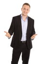 Happy isolated young businessman in suit talking with hands. Royalty Free Stock Photo