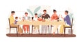 Happy Italian family enjoying festive dinner together vector flat illustration. Smiling relatives eating national dishes