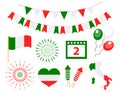 Happy Italy independence day icons set. festa della repubblica flag, bunting, map, fireworks. Vector illustration