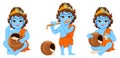 Happy Janmashtami. Celebrating birth of Krishna. Boy with flute and a pot.