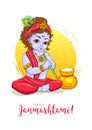 Happy Janmashtami greeting card. Krishna vector illustration. EPS10