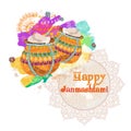 Happy Janmashtami. Indian fest. Dahi handi on Janmashtami, celebrating birth of Krishna. Watercolor abstract background.
