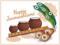 Happy Janmashtami. Indian festival. Dahi handi on Janmashtami, celebrating birth of Krishna. Vector illustration. Royalty Free Stock Photo