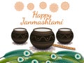 Happy Janmashtami. Indian festival. Dahi handi on Janmashtami, celebrating birth of Krishna. Vector illustration. Royalty Free Stock Photo