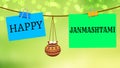 Happy janmashtmi letter on paper card on blur green background