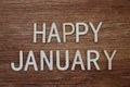 Happy January text message on wooden background