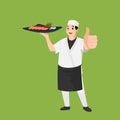 Happy Japanese chef cartoon portrait of young big guy cook wearing hat and chef uniform hold dish of sushi and do thumb up sign ge Royalty Free Stock Photo
