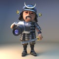 Happy Japanese samurai warrior with katana sword takes a photo with his new camera, 3d illustration