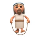 Happy Jesus Christ is skipping with a skipping rope, 3d illustration