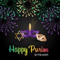 Happy Jewish holiday Purim with traditional symbols of Purim, mask, hamantaschen cookies, star of david, holiday Royalty Free Stock Photo