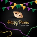 Happy Jewish holiday Purim with traditional symbols of Purim, mask, hamantaschen cookies, star of david, holiday Royalty Free Stock Photo