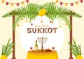 Happy Jewish Holiday Sukkot Hand Drawn Cartoon Flat Illustration with Sukkah, Etrog, Lulav, Arava, Hadas and Decoration Background Royalty Free Stock Photo