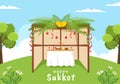 Happy Jewish Holiday Sukkot Hand Drawn Cartoon Flat Illustration with Sukkah, Etrog, Lulav, Arava, Hadas and Decoration Background