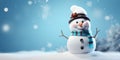 Happy jolly snowman on blue background. Seasons greetings Royalty Free Stock Photo