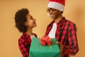 Happy and joyful couple exchange christmas present