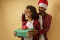 Happy and joyful couple exchange christmas present