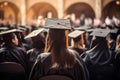 Happy joyful female woman lady group people students graduation gown costume hat standing together posing university Royalty Free Stock Photo