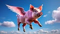 A happy and joyful flying pig in a summer blue sky. Wow.. Royalty Free Stock Photo