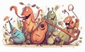 Happy and joyful insects playing musical instruments. Royalty Free Stock Photo